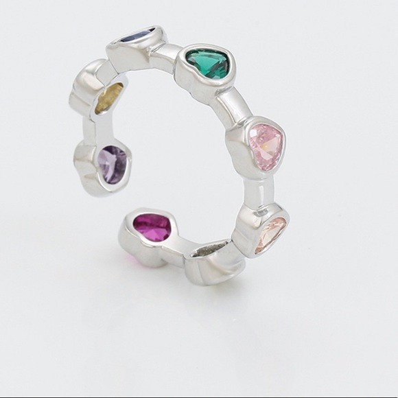 Platinum Plated Adjustable Heart Ring | Colorful Heart Zircon - Picture 2 of 8
